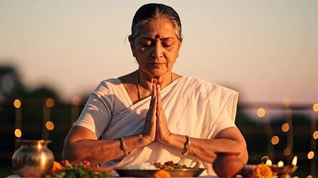Elderly woman praying with hands clasped in namaste gesture at dusk, surrounded by offerings and bokeh lights, spiritual ritual, serene atmosphere, peaceful meditation