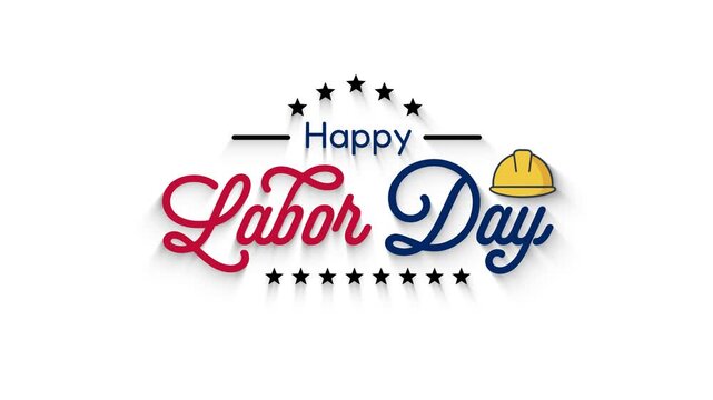 Happy Labor Day Typography Animation with Construction Helmet and Stars White Background