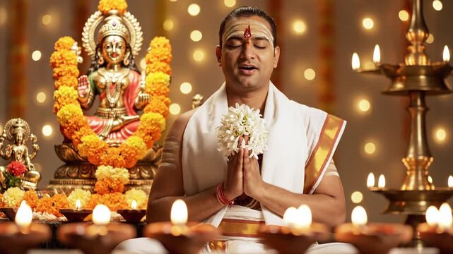 Hindu priest performing prayer with hands clasped, eyes closed, amidst diyas and floral garlands, invoking divine blessings, spiritual devotion, and traditional worship