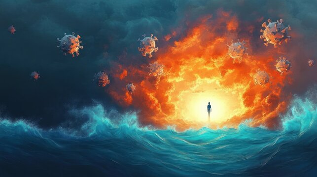 solitary silhouette standing before a blazing fiery sky portal above turbulent ocean waves with floating virus-like spiky spheres, dramatic ominous scene of isolation and defiant hope