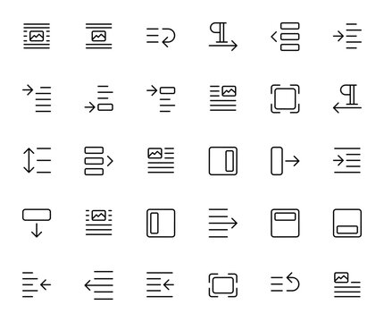 Alignment and Paragraph icon set. Minimal vector icons for text formatting, layout, and editing. Includes center, indent, spacing, header, footer, export, and more. Editable stroke.