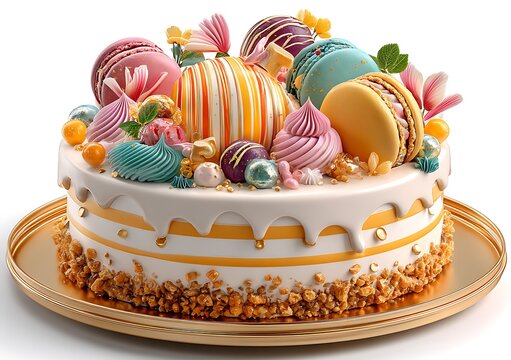 Luxury dessert cake with macarons and toppings high resolution image