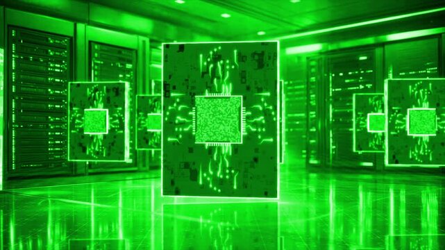 white color glowing microchip circuit Board with with server racks data flow traffic on servers hi tech design black technology 3D background