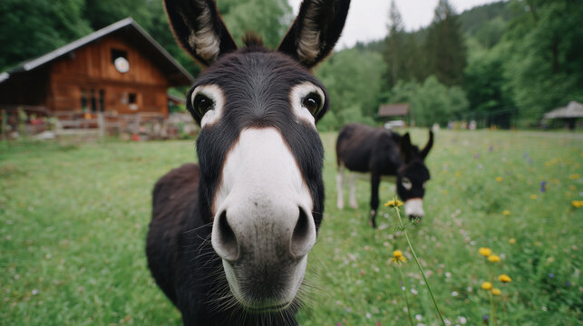 Donkey Week celebration with two donkeys in a green meadow near a wooden house