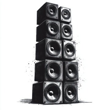tall vertical tower of stacked black speaker cabinets with ink splatter, gritty monochrome illustration conveying loud, powerful, energetic sound