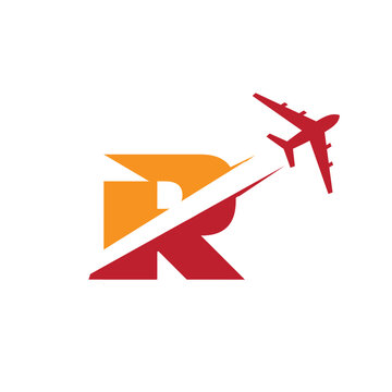 This is a logo design of a letter R with an airplane flying through it cut the letter into two parts. The logo looks nice in red and orange color combination and on a white background.