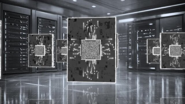 white color glowing microchip circuit Board with with server racks data flow traffic on servers hi tech design black technology 3D background