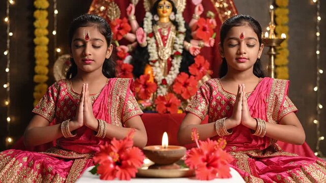 Two young girls in traditional Indian attire praying with hands clasped in front of a deity statue during a festival, warm lighting