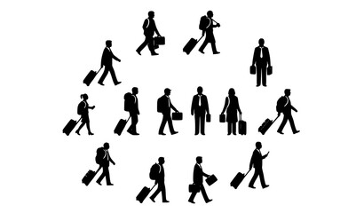 Fototapeta premium Business traveler silhouette icon set with people walking with suitcases and luggage isolated on white background