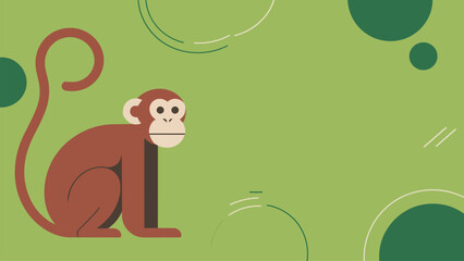 Minimalist cute monkey vector illustration sitting with curled tail on green abstract background, flat design cartoon animal, playful jungle theme, modern simple graphic for decor. © AbdulRehman