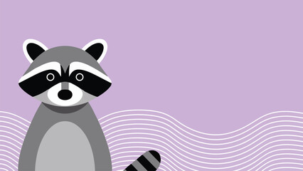 Fototapeta premium Cute raccoon vector illustration with flat design style on purple abstract background, adorable cartoon animal character with mask face, minimal modern graphic for kids decor.