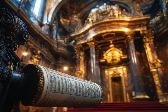 rolled sheet music on a carved lectern facing a gilded altar with marble columns, red carpeted steps and warm dramatic light evoking awe