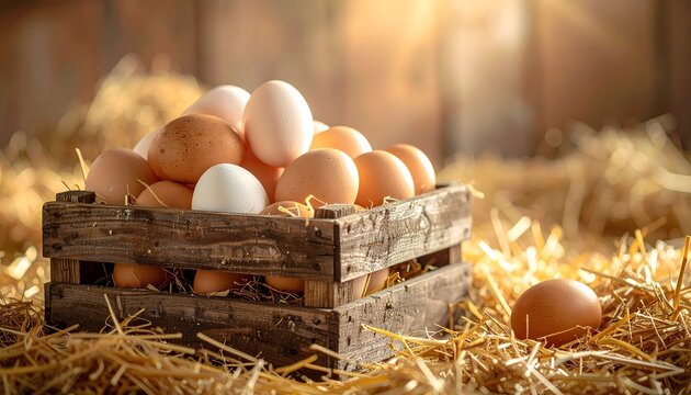 Fresh raw chicken eggs in wooden crate on straw bedding with warm sunlight in barn