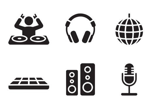 A collection of black silhouette icons representing music, DJ equipment, and party elements on a white background