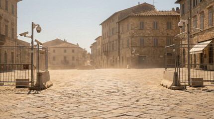 Dusty city square with barricades under bright sunlight, surrounded by historic stone buildings, creating a serene and deserted atmosphere, barricaded