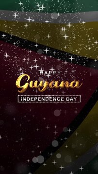 Happy guyana independence day text animation with waving flag and fireworks. Perfect for social media posts, event promotions, cultural websites, and educational resources.