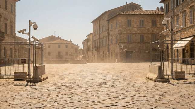 Dusty city square with barricades under bright sunlight, surrounded by historic stone buildings, creating a serene and deserted atmosphere, barricaded