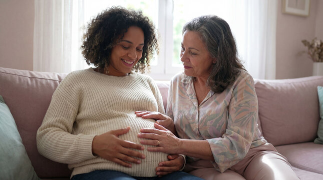 Mother's Day pregnant daughter expectant mom grandmother touching belly together celebrating motherhood love support family bond generational connection warmth hope joy background