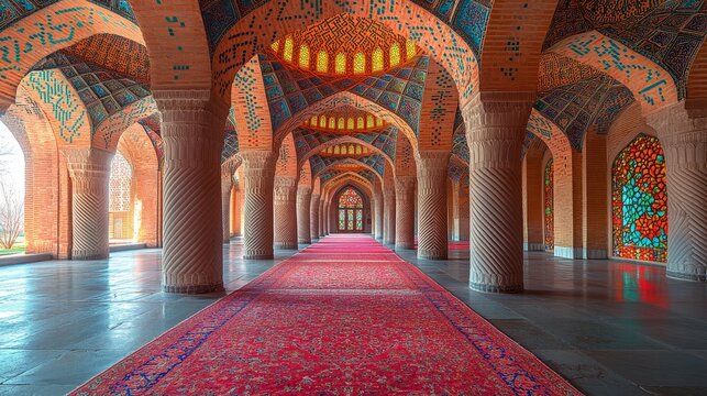 Intricate Architecture and Stained Glass Windows inside Nasir al-Mulk Mosque in Shiraz, Iran