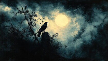 Fototapeta premium solitary raven perched on a weathered post among gnarled bare branches under a glowing full moon in a haunting misty night