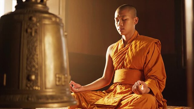 Buddhist monk meditating in lotus pose beside large bronze bell, peaceful and serene atmosphere, warm light, spiritual practice