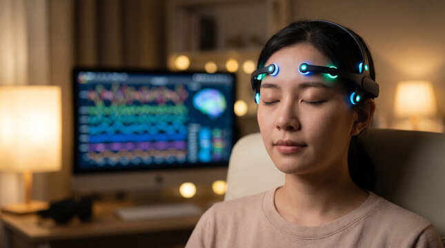 Woman using brain wave scanner headset in cozy room with ambient lighting, focusing on colorful digital monitor displaying brain activity patterns