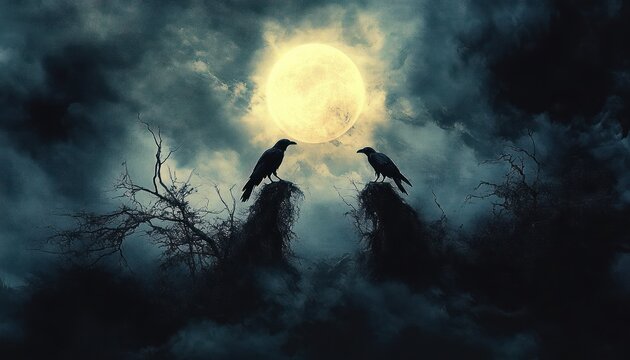 Two crows perched on twisted bare branches beneath a glowing full moon in a foggy stormy night, eerie and haunting atmosphere