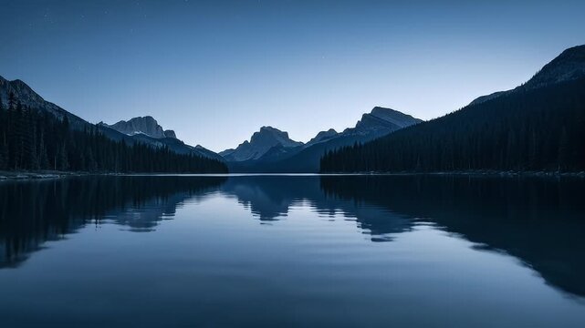 Calm Lake Reflection at Dusk with Mountain Silhouettes