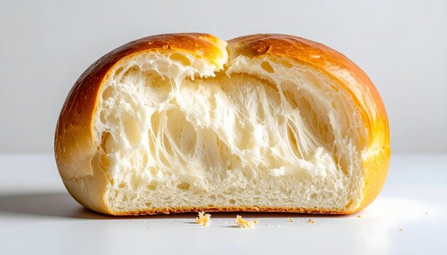 Freshly baked brioche bread bun showing soft fluffy inner texture on white background
