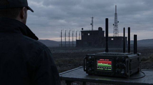 Electronic warfare jammer monitored by operator in dark military landscape, highlighting advanced technology with an overcast sky and distant communication tower