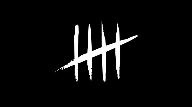 Animation tally mark five prison wall concept, five brush strokes, vertical and diagonal lines, black background, 4K video.