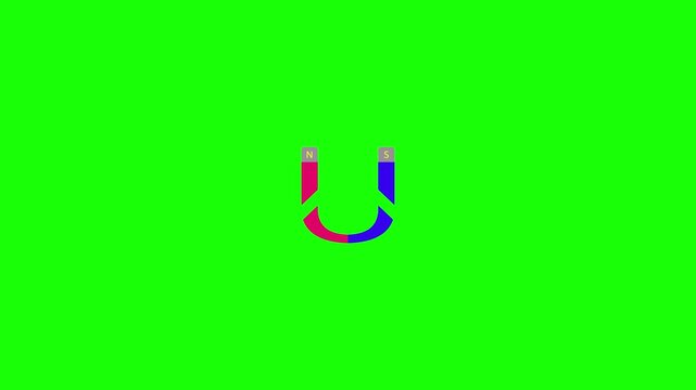 Magnet icon. Animation of magnetic attraction with the letters N and S. Black and white screen background.