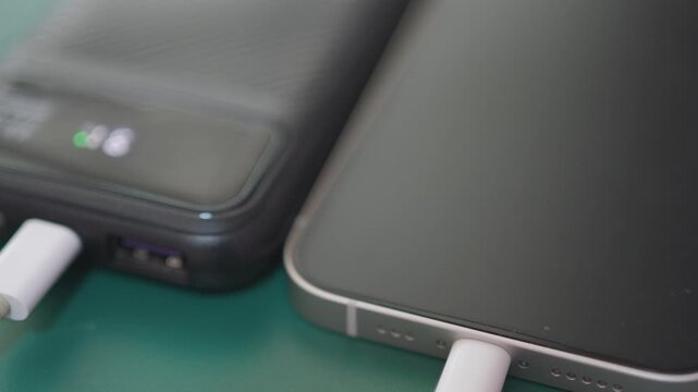Portable power bank or mobile battery, charging smartphones and displaying remaining battery level.