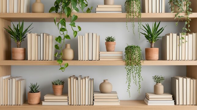 Minimalist wooden shelving unit with books and potted plants for studio backdrop.