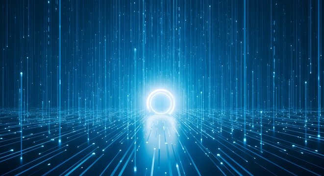 Glowing neon circle portal in a blue digital rain environment symbolizing gateway to cyberspace and virtual metaverse network