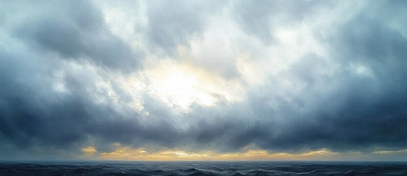 stormy sea beneath a vast brooding sky with golden light breaking through the clouds at the horizon, evoking tension and quiet hope