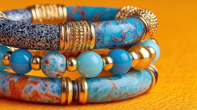 Stacked bracelets with gold accents, varied textures, vibrant colors