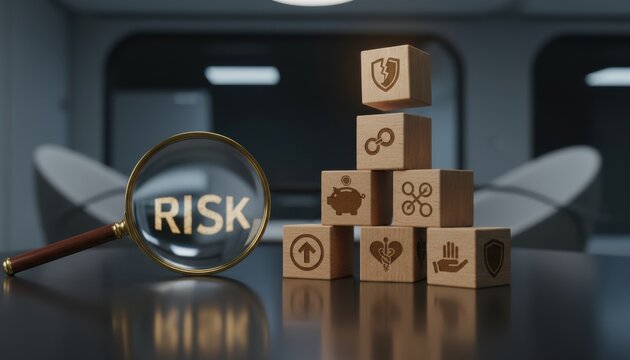 Magnifying glass showing risk reflection beside stacked wooden blocks with business vulnerability and insurance icons in modern office