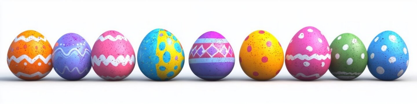 Row of colorful hand-painted decorative eggs with cheery polka dot and zigzag patterns on a clean white background, playful and festive mood