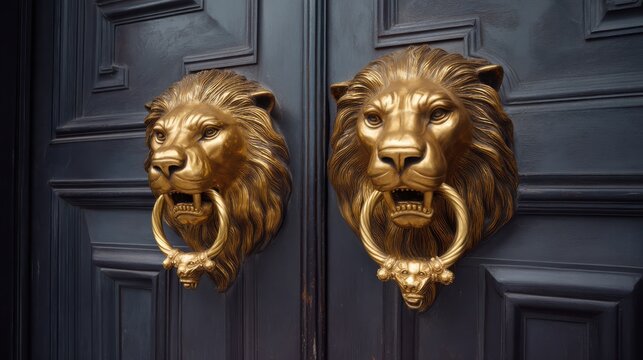 Two ornate golden lion head door knockers on a dark blue classic wooden door, symbolizing strength and elegance.