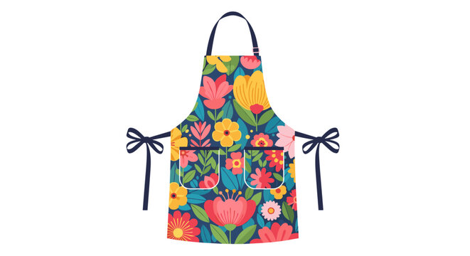 Colorful floral apron with pockets and navy ties on white background, featuring vibrant tulips and daisies in a lively, artistic pattern