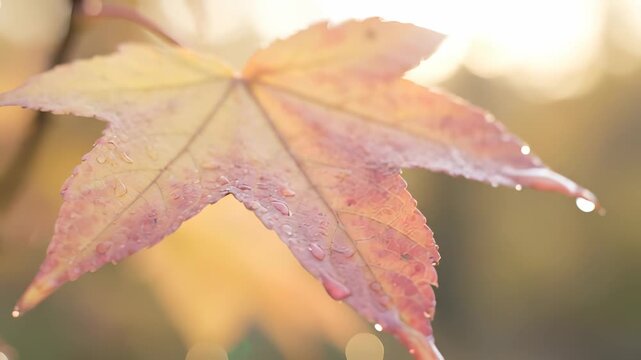 Golden Autumn Leaf Adorned with Raindrops in Warm Backlight
