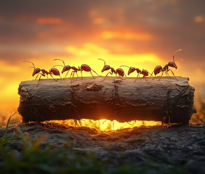 row of red ants carrying a bark log across glowing ground at golden sunset, teamwork and determination
