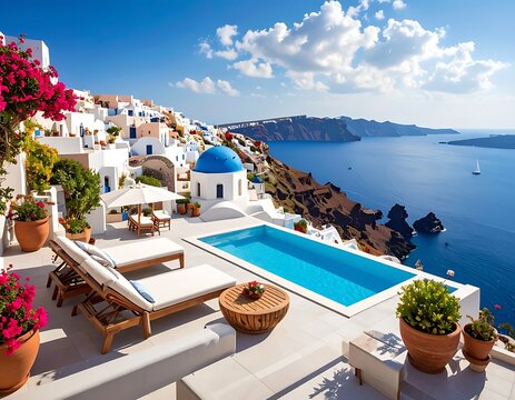 A serene Greek island poolside overlooking the ocean