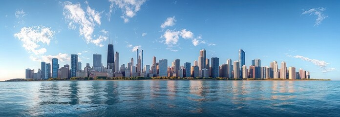 Naklejka premium Panoramic modern skyline of glass and concrete skyscrapers along a calm blue waterfront with reflections under a bright sky of scattered clouds, evoking serene urban calm