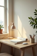 Fototapeta premium Sunlight illuminates a minimalist workspace featuring a wooden desk, a desk lamp, an open sketchbook, pencils, and a computer mouse.