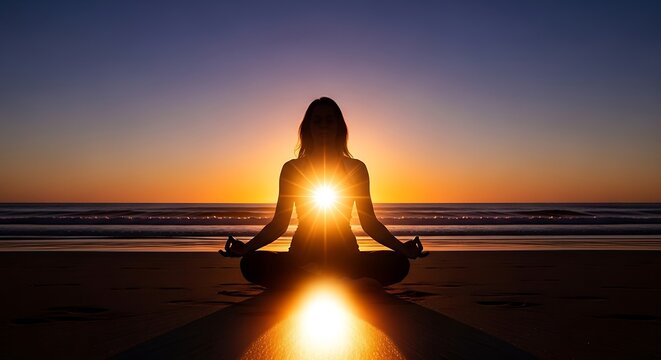 Woman meditating on beach at sunrise, serene yoga silhouette with ocean view
