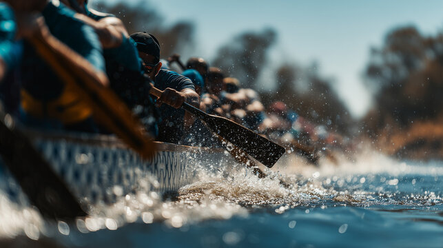 People paddling Dragon Boat Festival on a river with trees