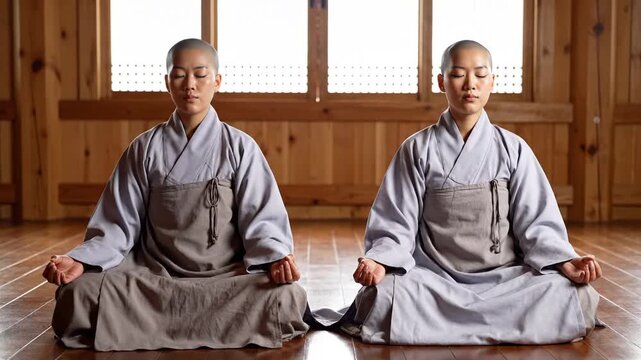 Two young women in traditional monastic robes meditating in a tranquil wooden room, peaceful stillness, spiritual practice, mindfulness, zen