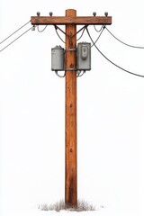 Obraz premium Isolated wooden utility pole with transformers and power lines standing in snow, quiet and stark